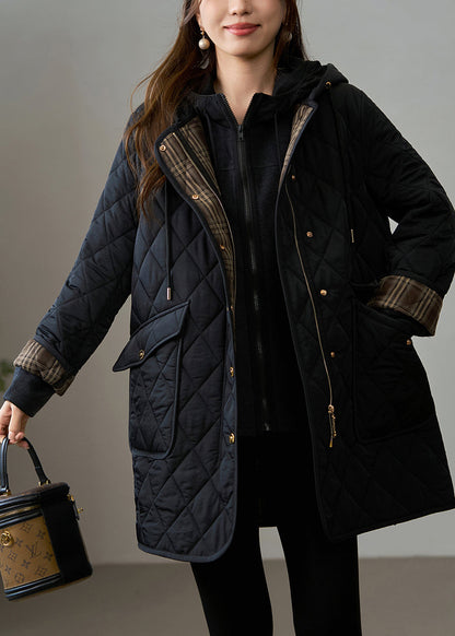 French Black Oversized Patchwork Fine Cotton Filled Hooded Coat Winter