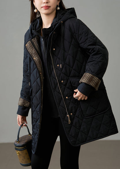 French Black Oversized Patchwork Fine Cotton Filled Hooded Coat Winter