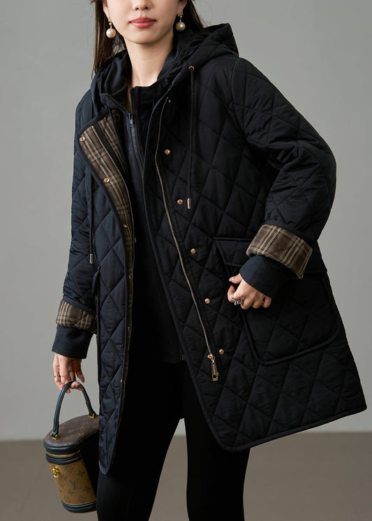 French Black Oversized Patchwork Fine Cotton Filled Hooded Coat Winter
