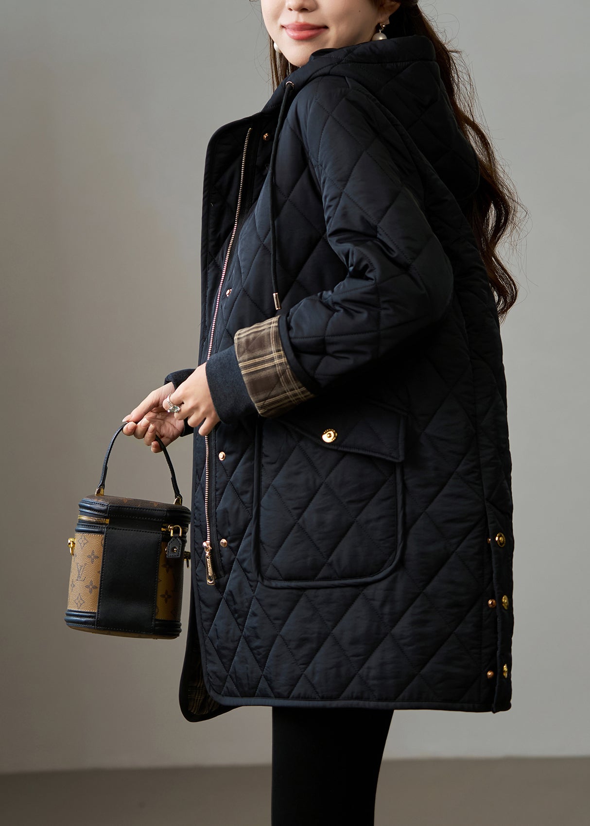 French Black Oversized Patchwork Fine Cotton Filled Hooded Coat Winter