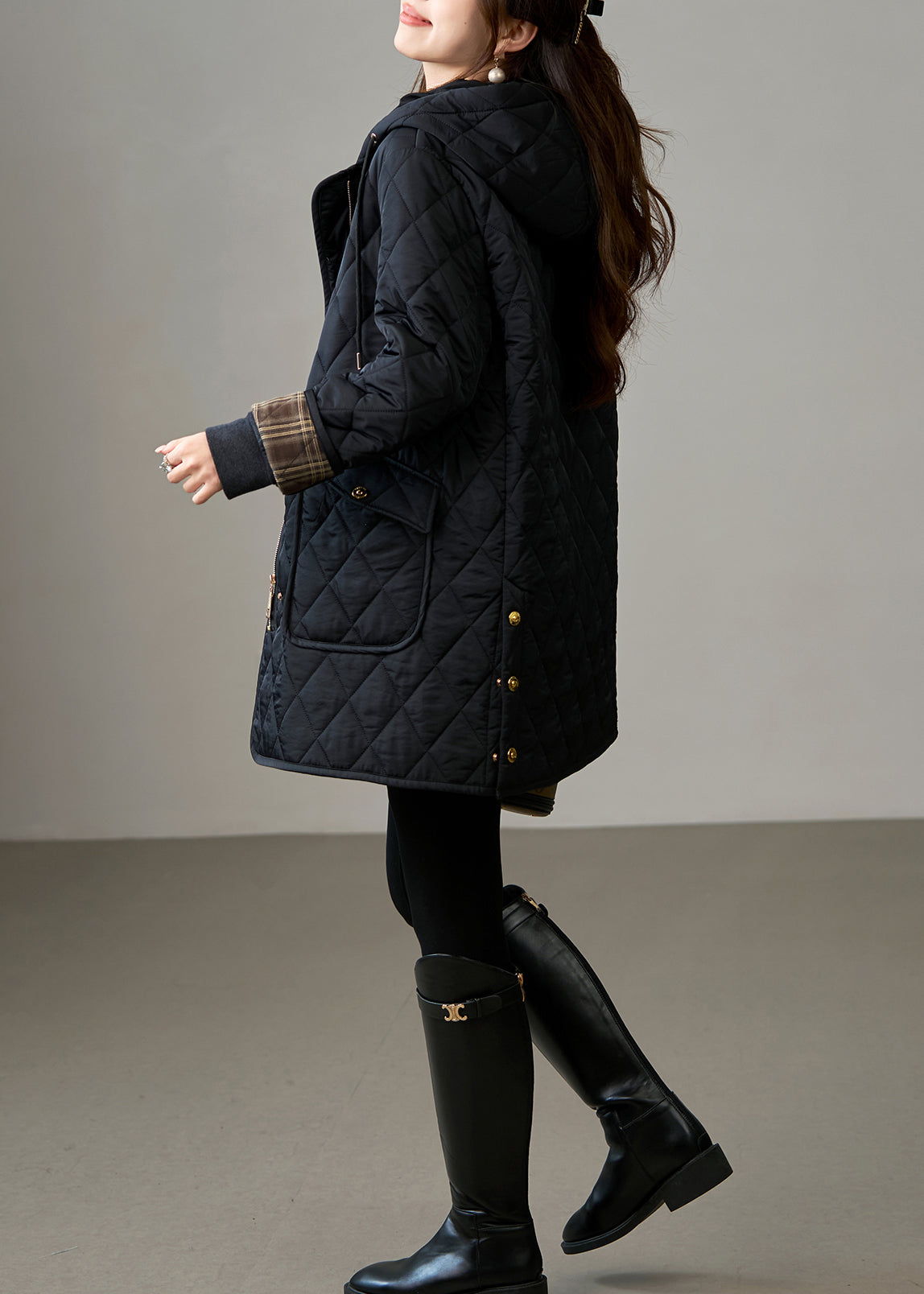 French Black Oversized Patchwork Fine Cotton Filled Hooded Coat Winter