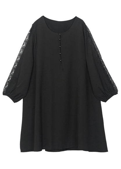 French Black Oversized Patchwork Lace Chiffon Dresses Bracelet Sleeve