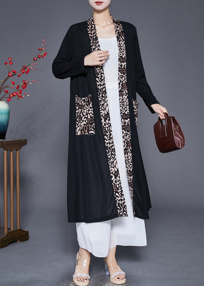 French Black Oversized Patchwork Pockets Cotton Long Cardigan Fall