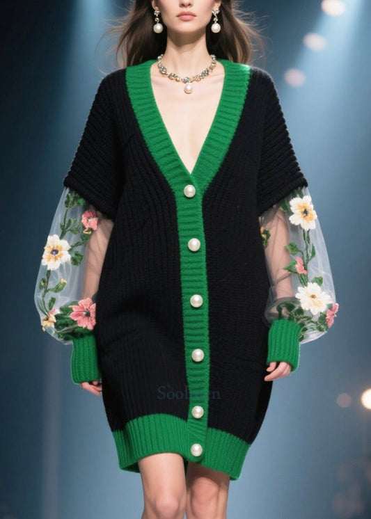 French Black Oversized Patchwork Tulle Long Knit Coats Winter