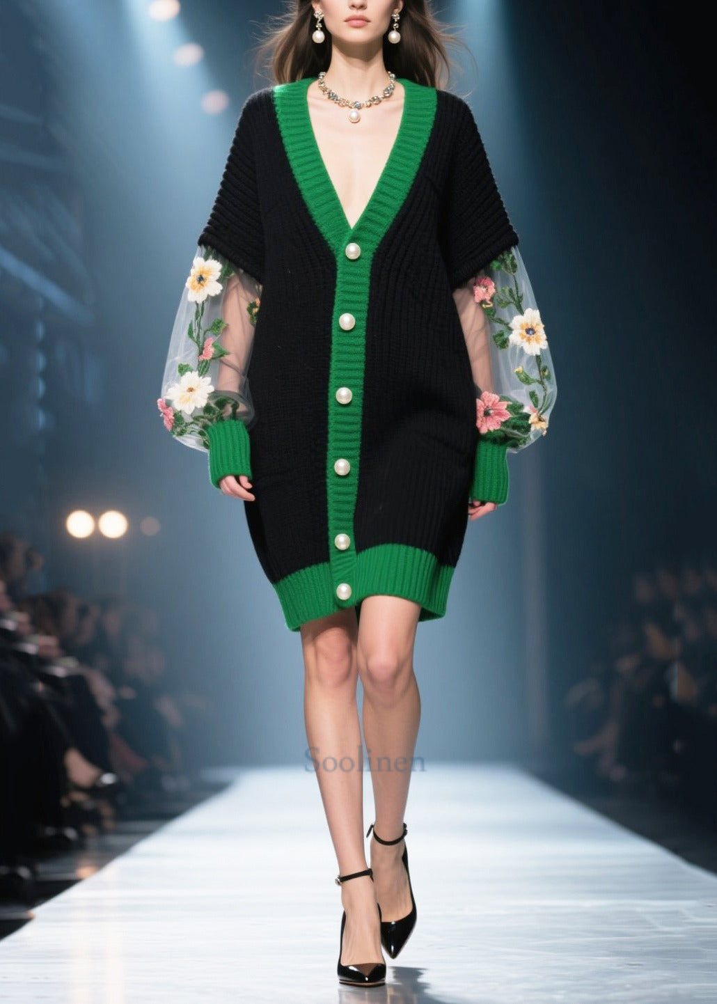 French Black Oversized Patchwork Tulle Long Knit Coats Winter