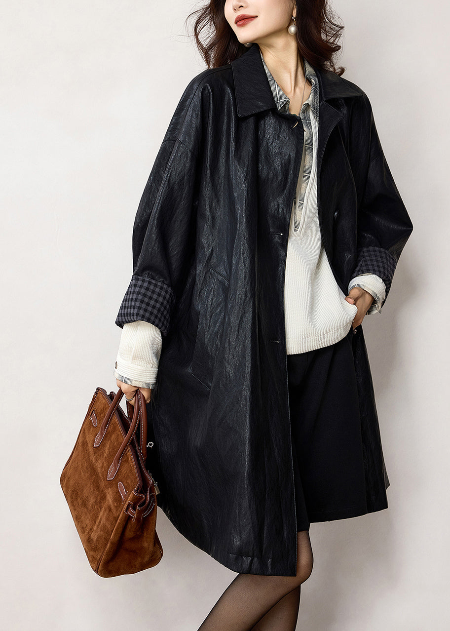 French Black Oversized Plaid Faux Leather Trench Winter