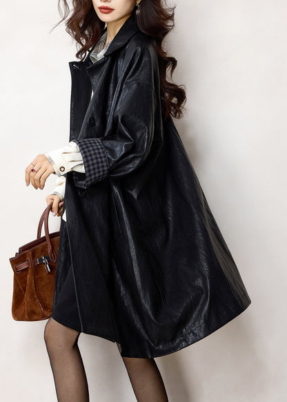 French Black Oversized Plaid Faux Leather Trench Winter
