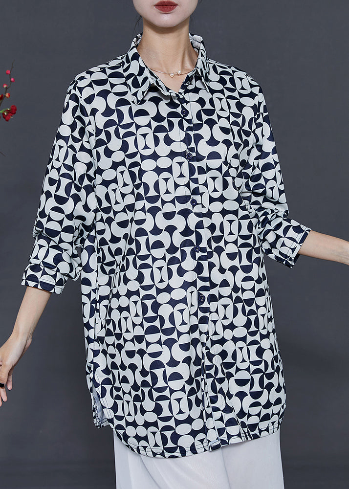 French Black Oversized Print Chiffon Shirt Tops Summer