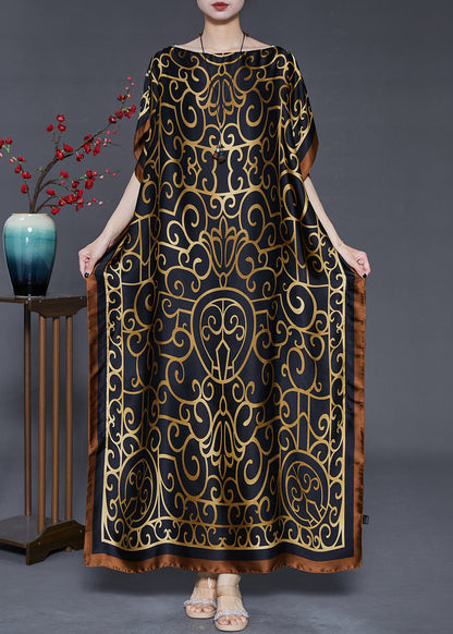 French Black Oversized Print Silk Beach Dress Summer