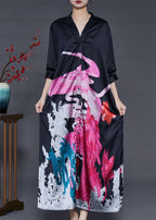 French Black Oversized Print Silk Vacation Dresses Summer