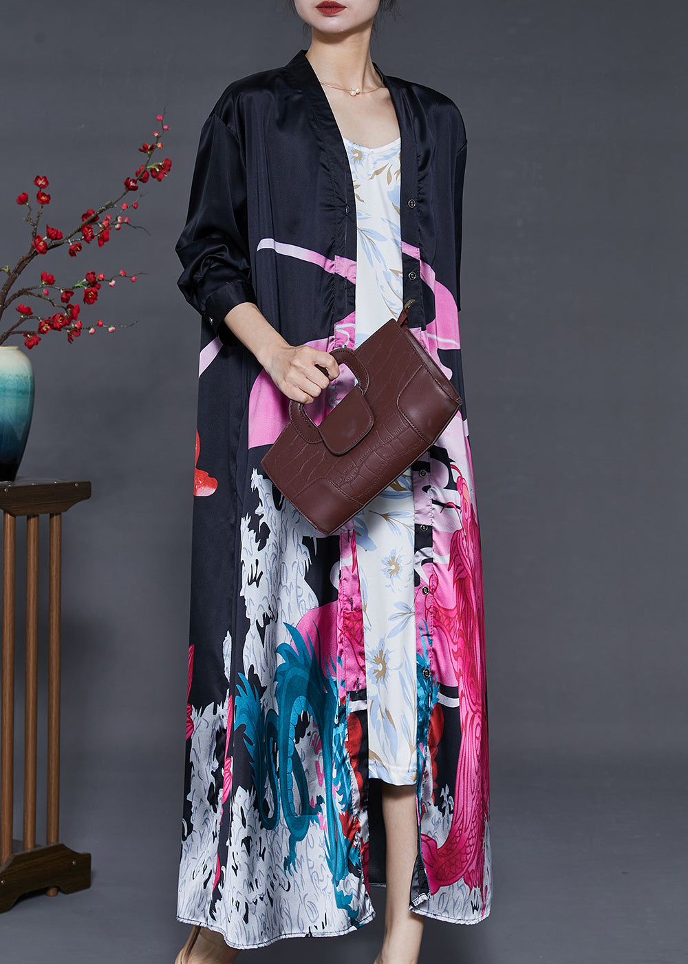 French Black Oversized Print Silk Vacation Dresses Summer