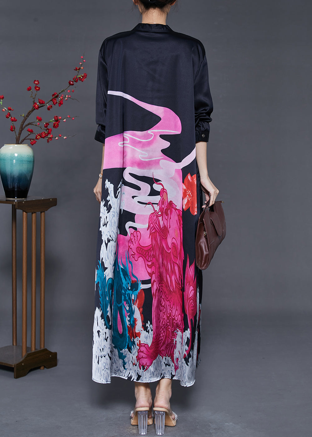 French Black Oversized Print Silk Vacation Dresses Summer