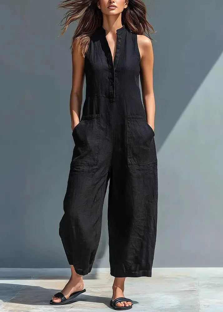 French Black Patchwork High Waist Solid Jumpsuits Sleeveless