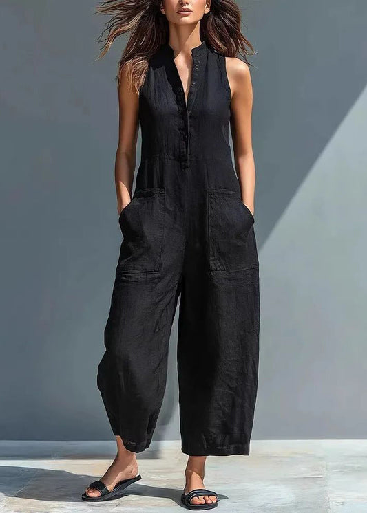 French Black Patchwork High Waist Solid Jumpsuits Sleeveless