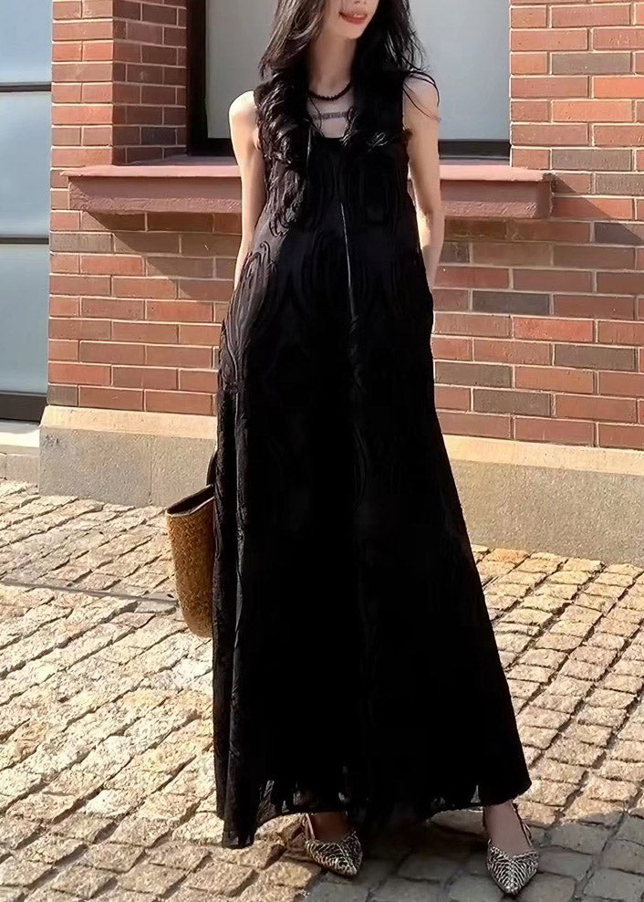 French Black Patchwork Long Dress V Neck Sleeveless