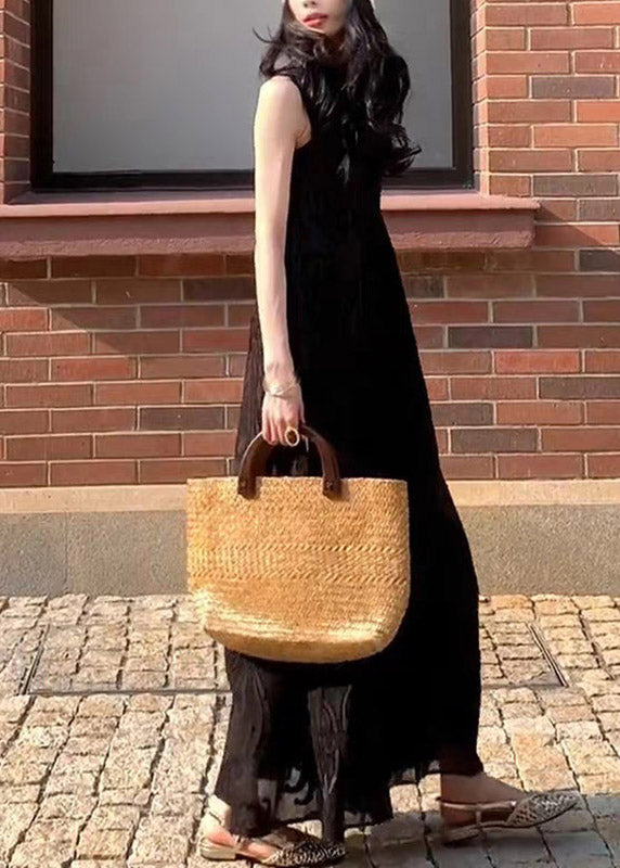 French Black Patchwork Long Dress V Neck Sleeveless