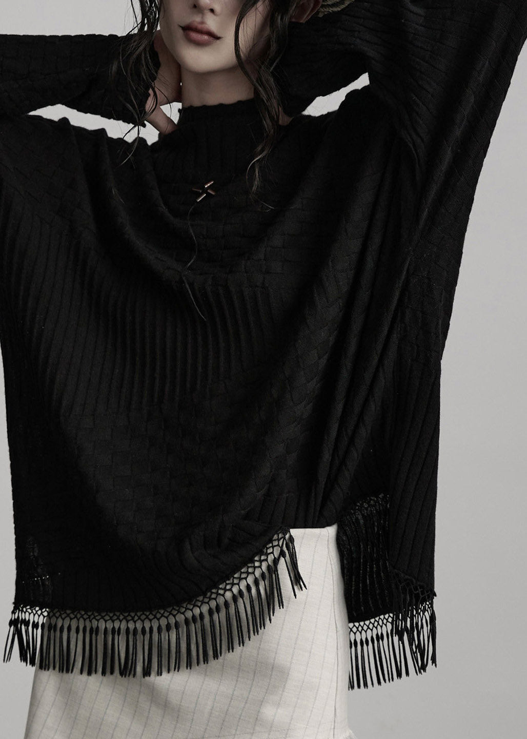 French Black Patchwork Solid Cotton Knit Sweaters Fall