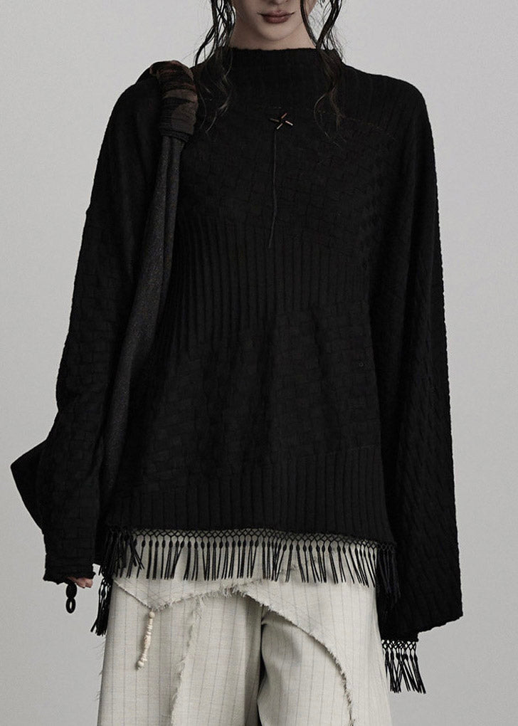 French Black Patchwork Solid Cotton Knit Sweaters Fall