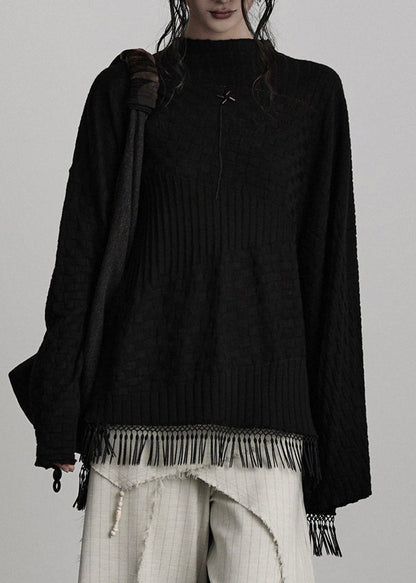 French Black Patchwork Solid Cotton Knit Sweaters Fall
