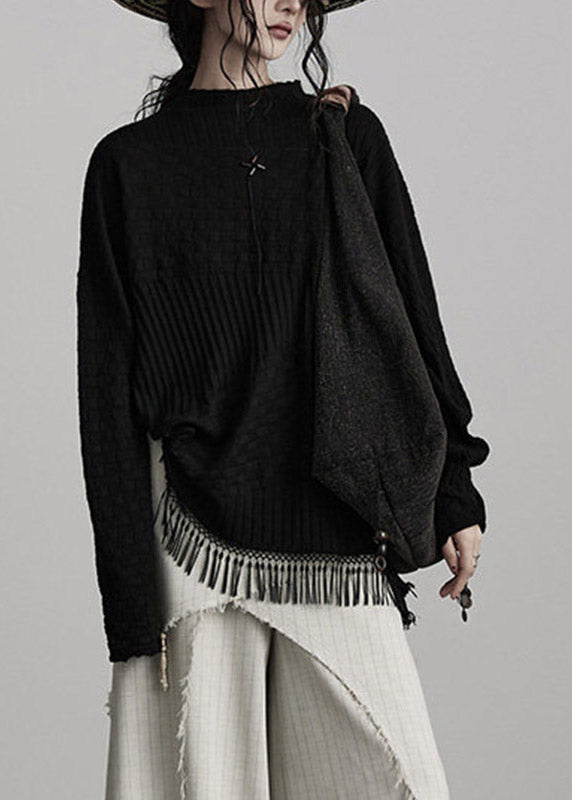 French Black Patchwork Solid Cotton Knit Sweaters Fall