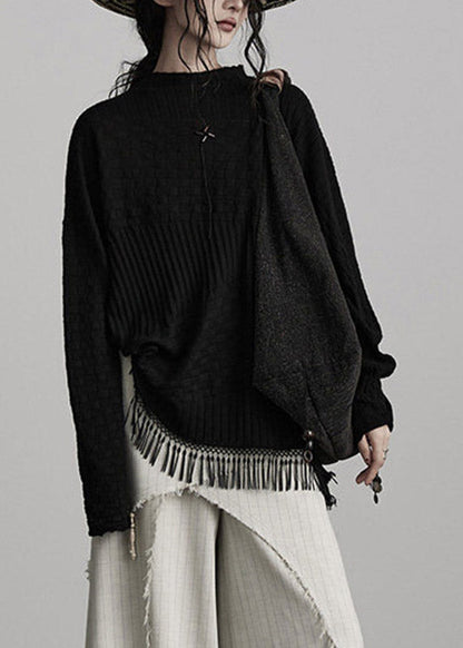 French Black Patchwork Solid Cotton Knit Sweaters Fall