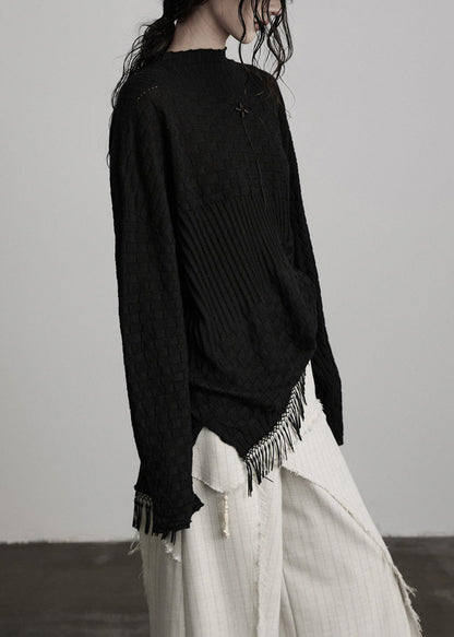 French Black Patchwork Solid Cotton Knit Sweaters Fall