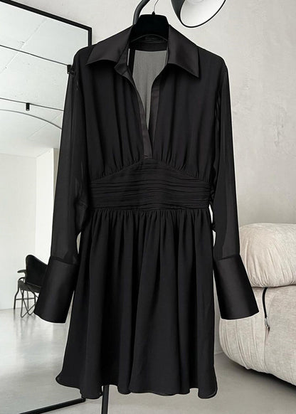 French Black Peter Pan Collar Button Chiffon Shirts Dress Spring