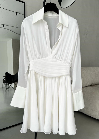 French Black Peter Pan Collar Button Chiffon Shirts Dress Spring