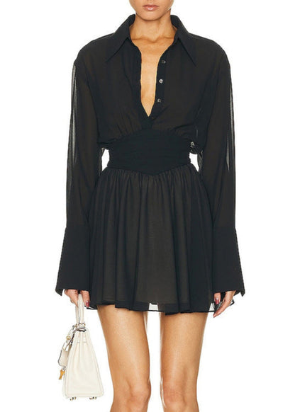 French Black Peter Pan Collar Button Chiffon Shirts Dress Spring