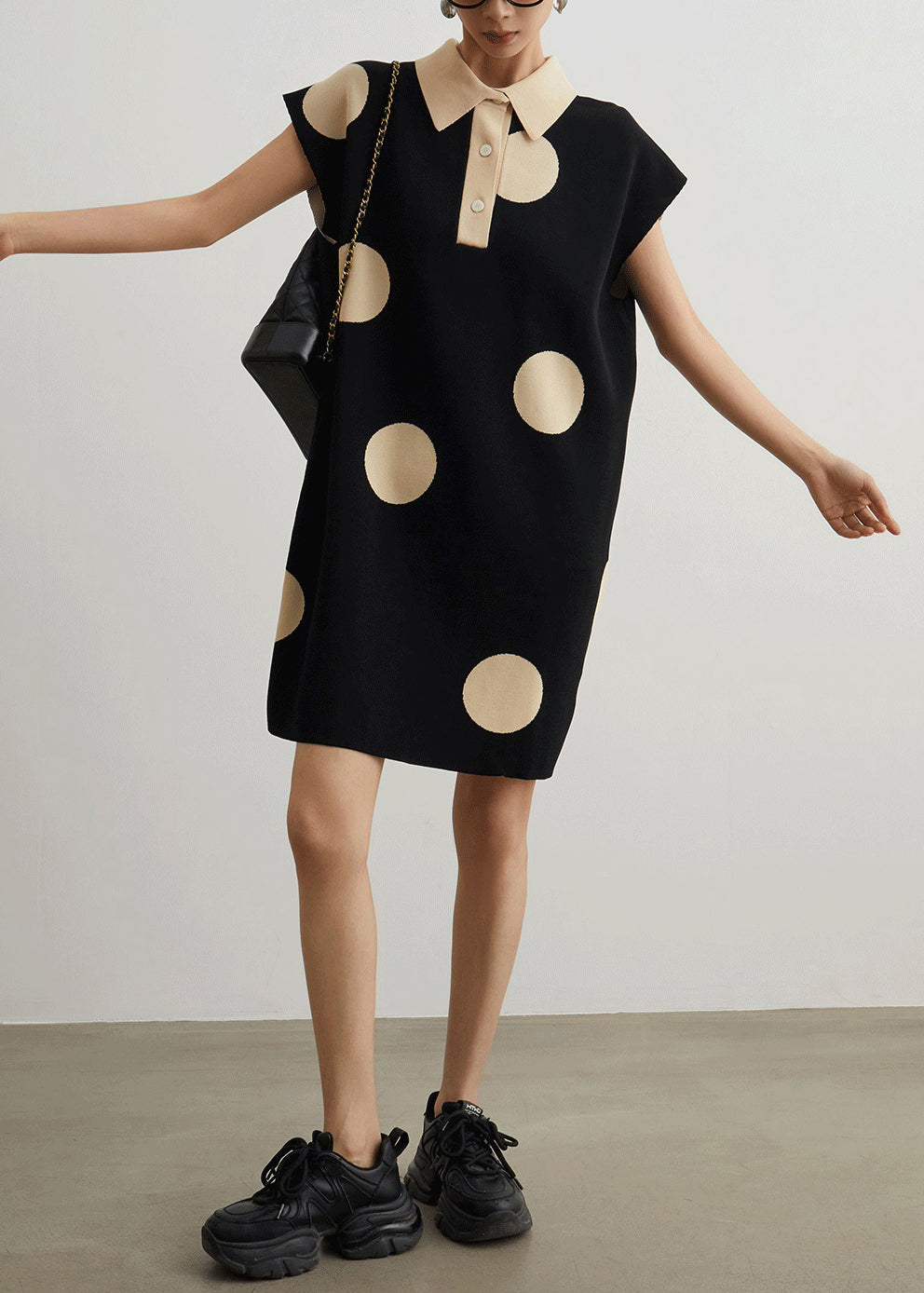 French Black Peter Pan Collar Button Dot Knit Mid Dress Summer