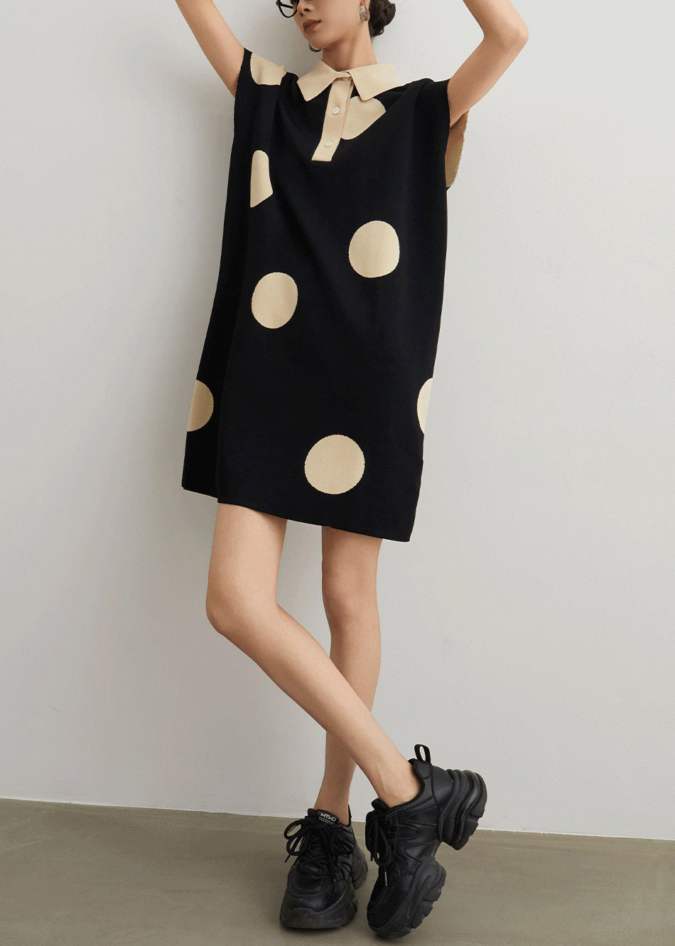 French Black Peter Pan Collar Button Dot Knit Mid Dress Summer