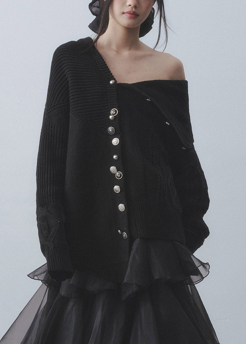 French Black Peter Pan Collar Cold Shoulder Cotton Knit Cardigans Fall