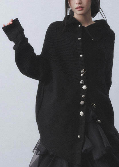 French Black Peter Pan Collar Cold Shoulder Cotton Knit Cardigans Fall