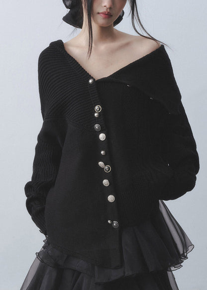 French Black Peter Pan Collar Cold Shoulder Cotton Knit Cardigans Fall