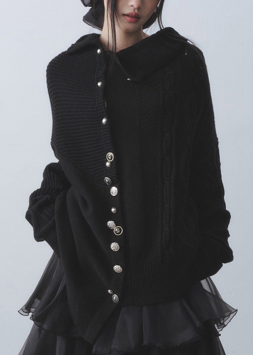 French Black Peter Pan Collar Cold Shoulder Cotton Knit Cardigans Fall
