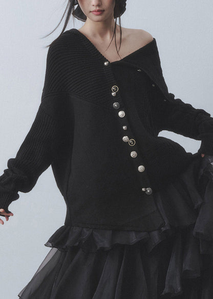 French Black Peter Pan Collar Cold Shoulder Cotton Knit Cardigans Fall
