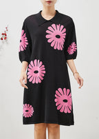 French Black Peter Pan Collar Floral Cotton Mid Dresses Summer