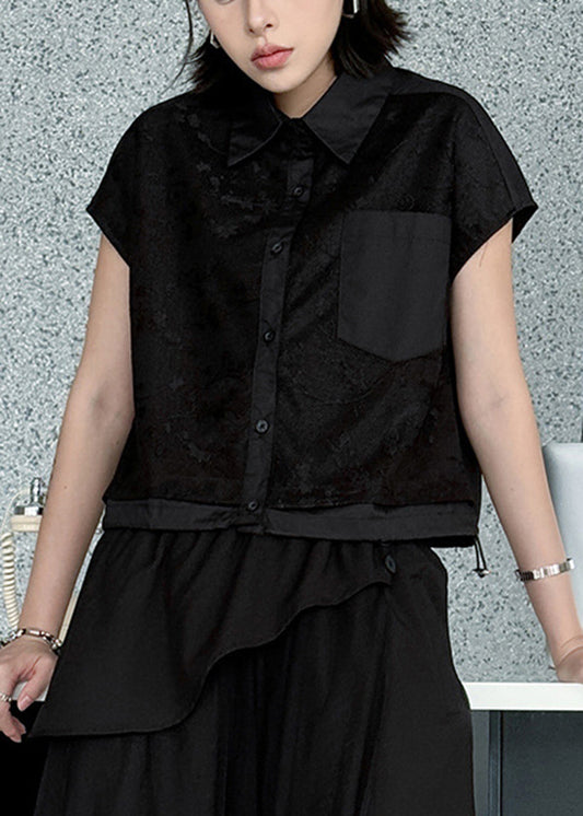 French Black Peter Pan Collar Jacquard Pockets Cotton Top Summer