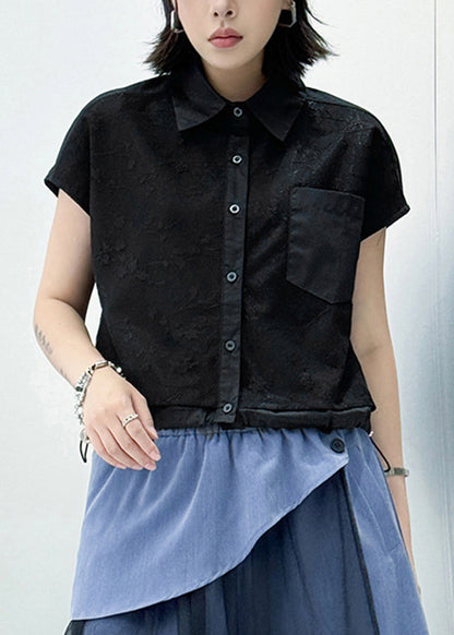French Black Peter Pan Collar Jacquard Pockets Cotton Top Summer