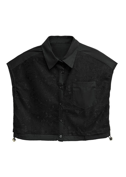 French Black Peter Pan Collar Jacquard Pockets Cotton Top Summer