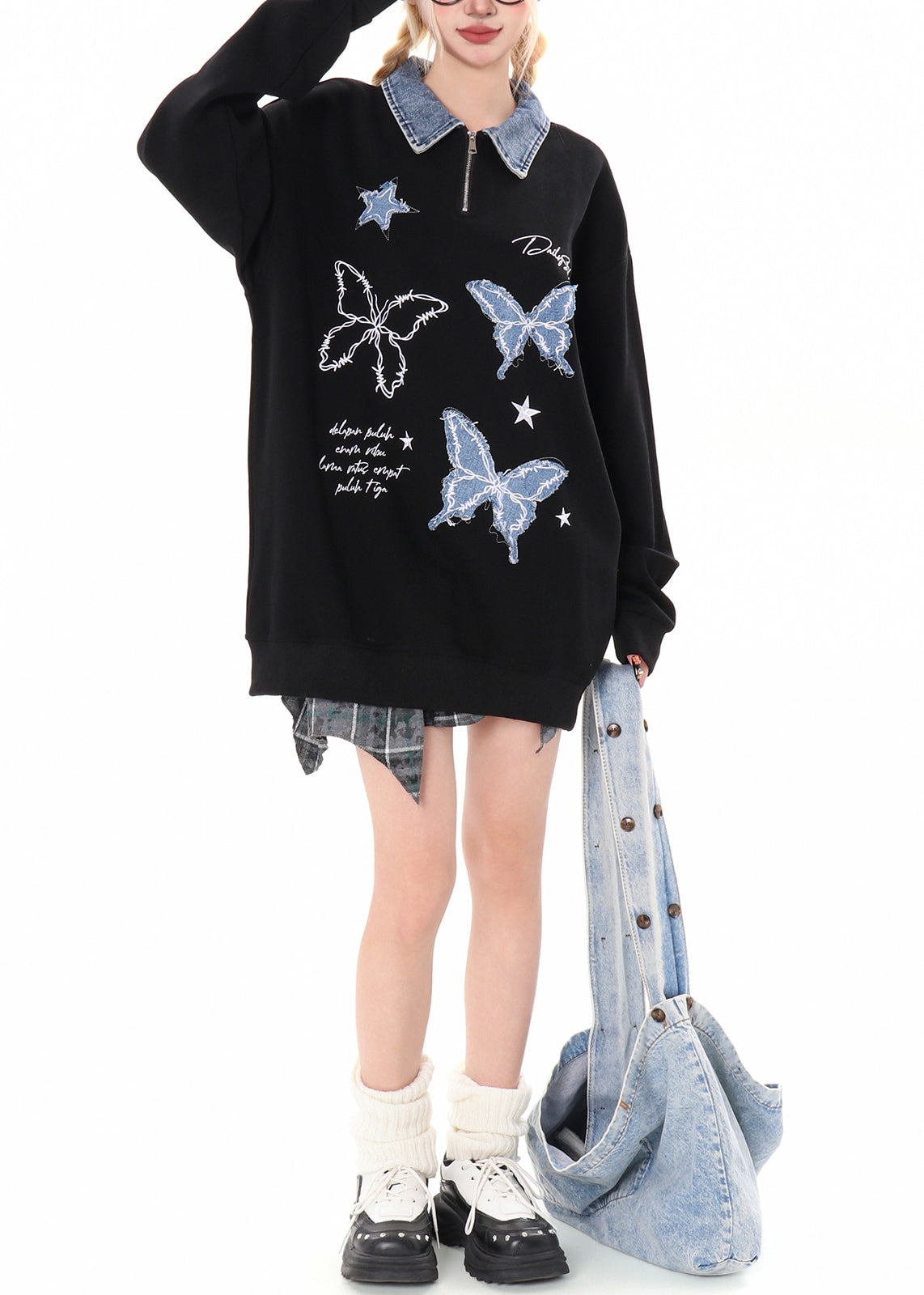 French Black Peter Pan Collar Patchwork Butterfly Pullover Sweatshirt Spring
