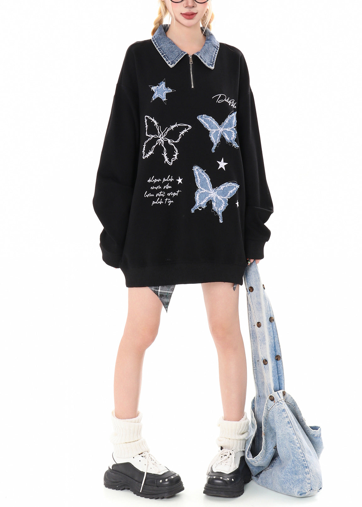 French Black Peter Pan Collar Patchwork Butterfly Pullover Sweatshirt Spring