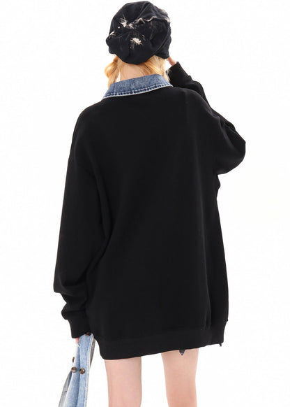 French Black Peter Pan Collar Patchwork Butterfly Pullover Sweatshirt Spring