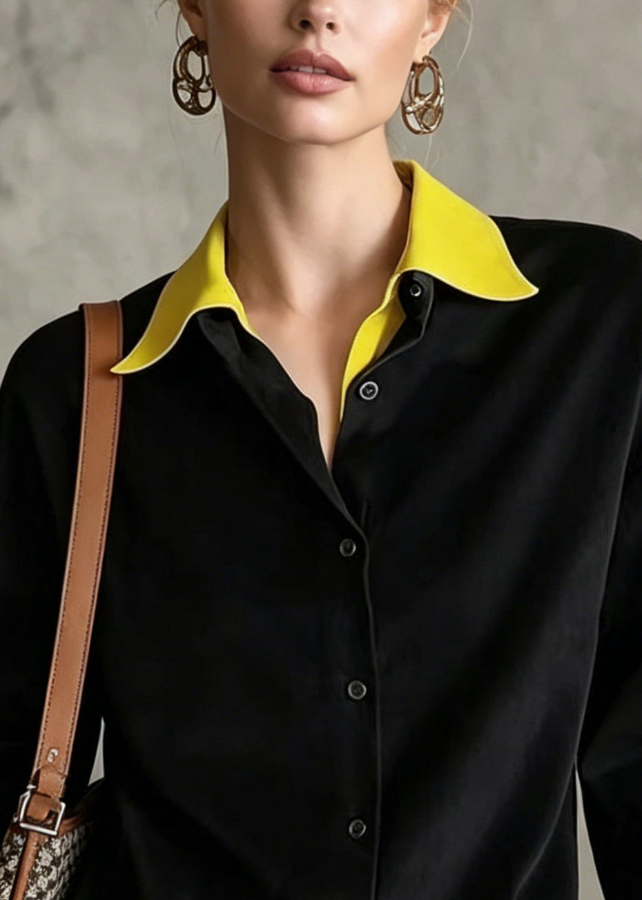 French Black Peter Pan Collar Patchwork Cotton Fake Two Piece Blouses Fall