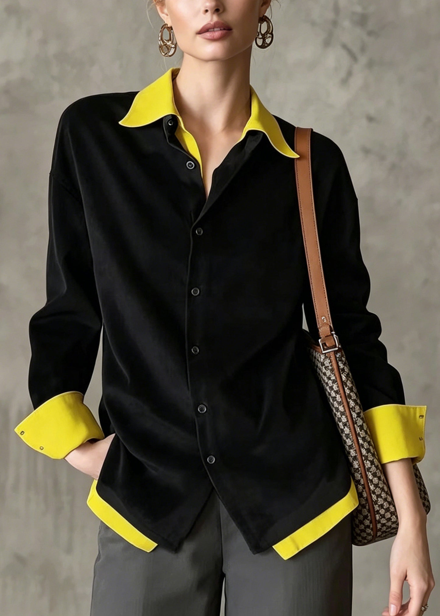 French Black Peter Pan Collar Patchwork Cotton Fake Two Piece Blouses Fall