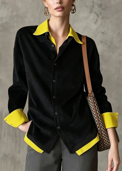 French Black Peter Pan Collar Patchwork Cotton Fake Two Piece Blouses Fall