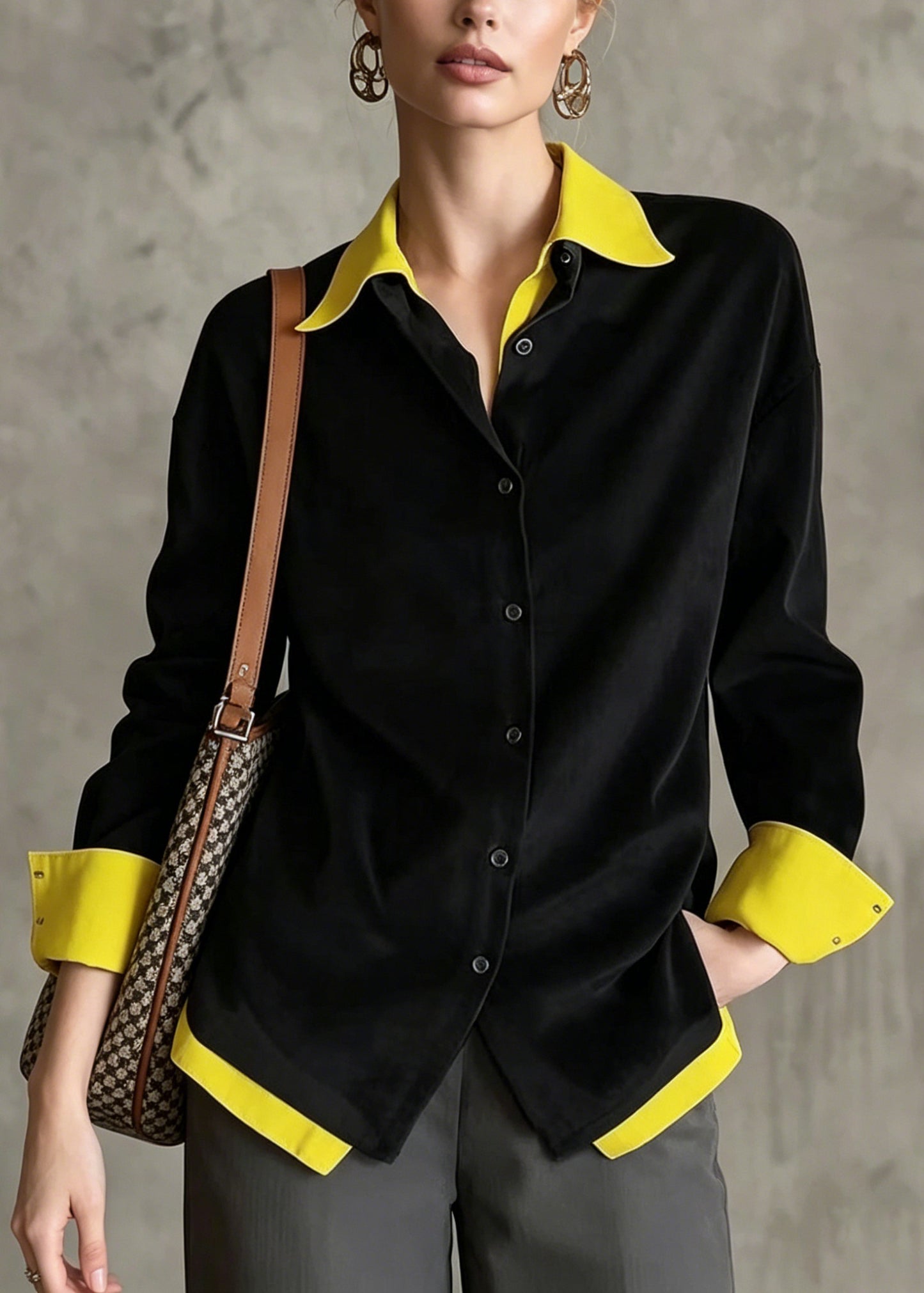 French Black Peter Pan Collar Patchwork Cotton Fake Two Piece Blouses Fall