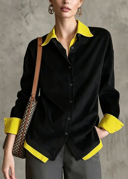French Black Peter Pan Collar Patchwork Cotton Fake Two Piece Blouses Fall