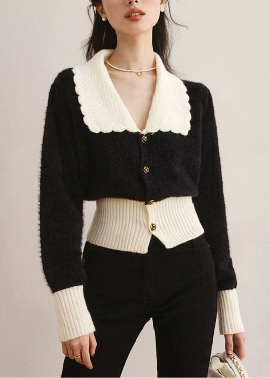 French Black Peter Pan Collar Patchwork Knit Cardigan Spring