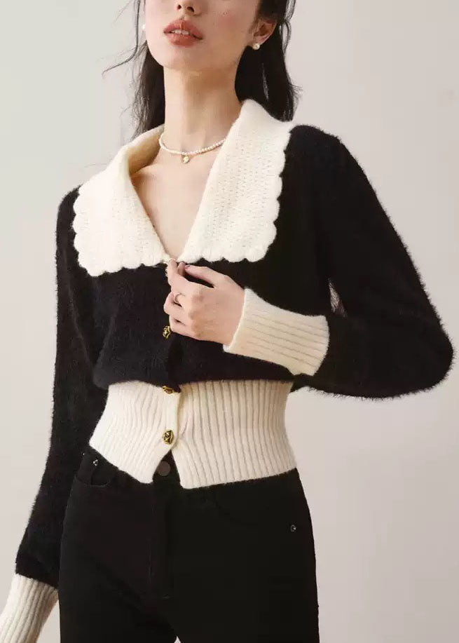 French Black Peter Pan Collar Patchwork Knit Cardigan Spring